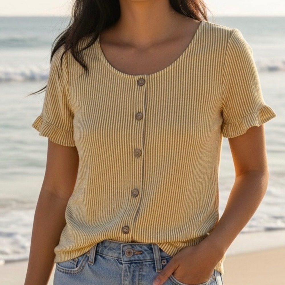 Yellow White Striped Ruffle Sleeve Top Women Sz Lg Coastal Beachy Summer Cottage
